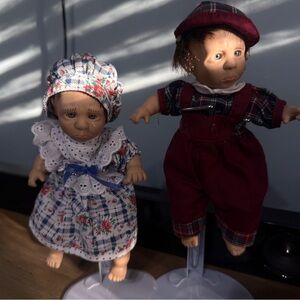 Pair of Vintage-Style Porcelain Dolls - Floral Dress & Burgundy Outfit
